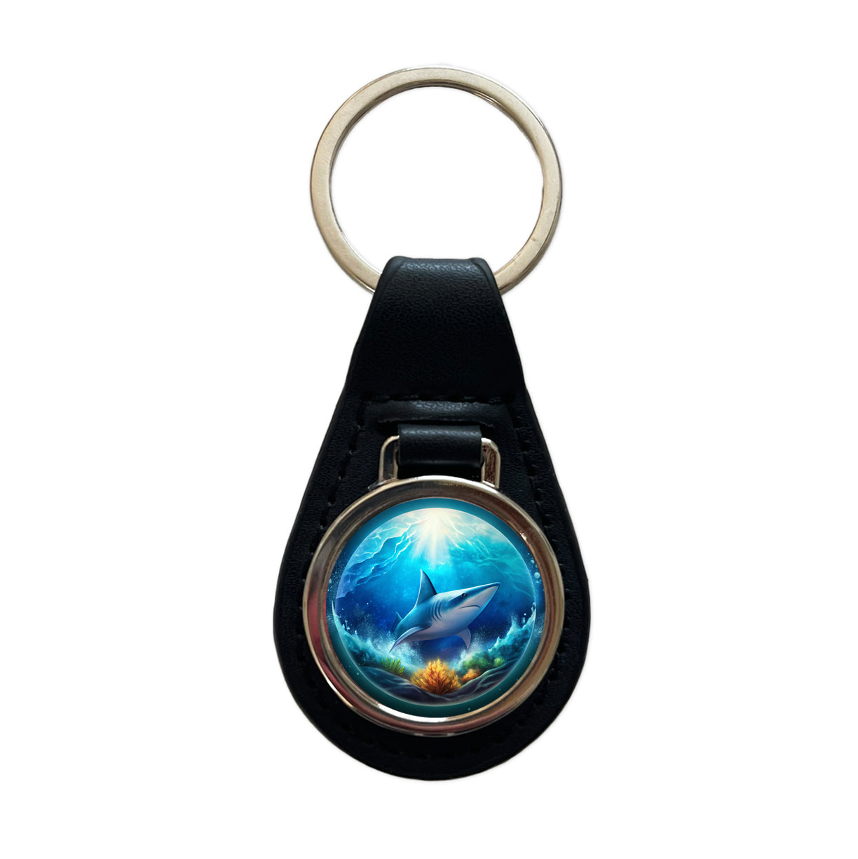 Shark Ocean Bubble Black Leather Metal Keychain