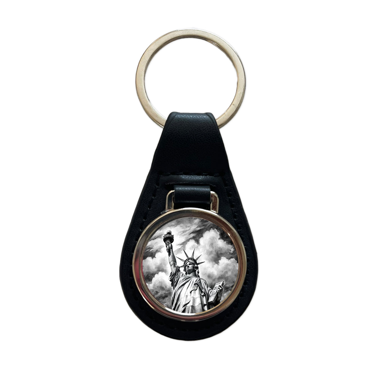 Sketch Of Statue Of Liberty New York City Black Leather Metal Keychain