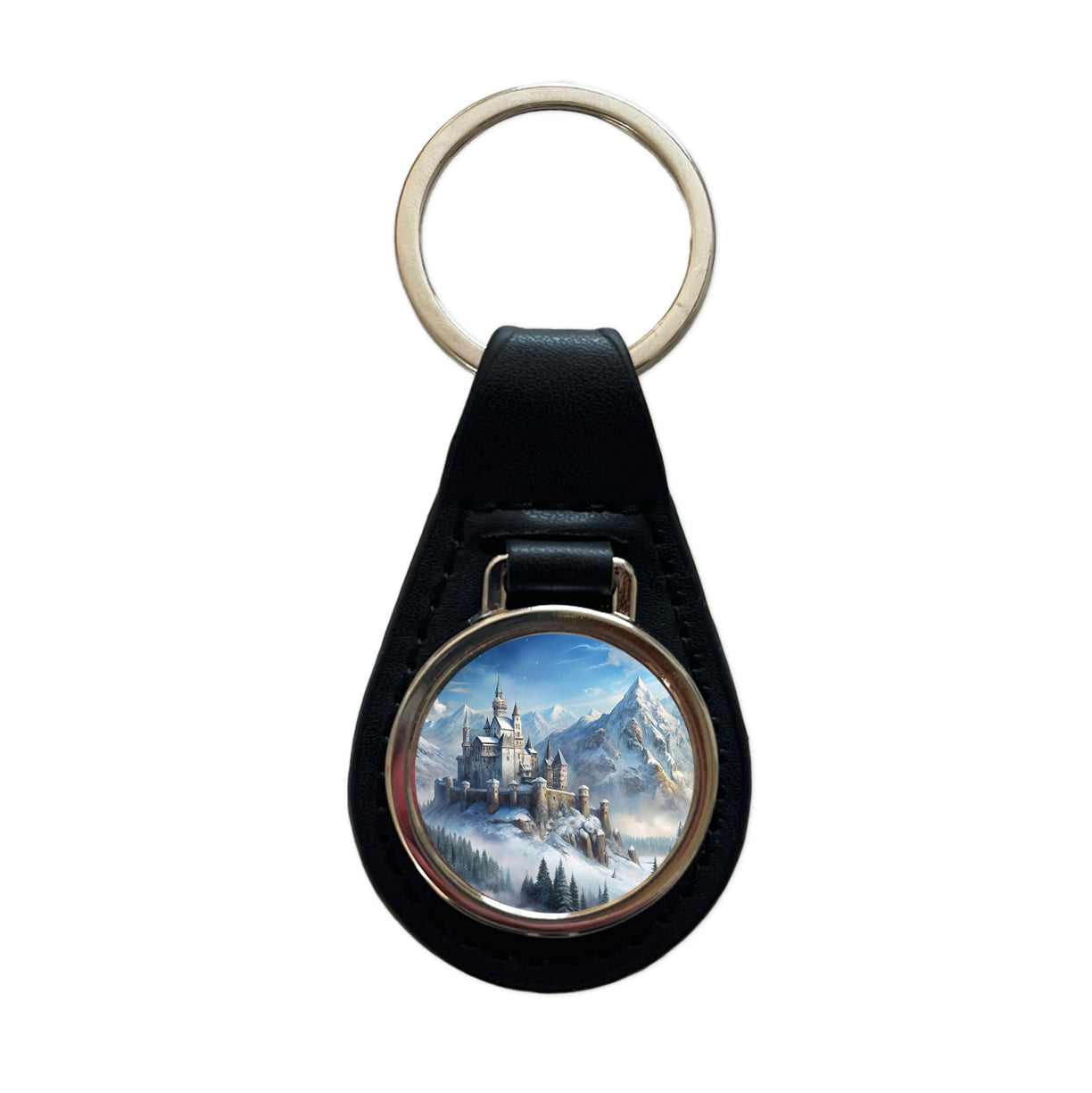Snow Covered Castle In Mountains Landscape Black Leather Metal Keychain