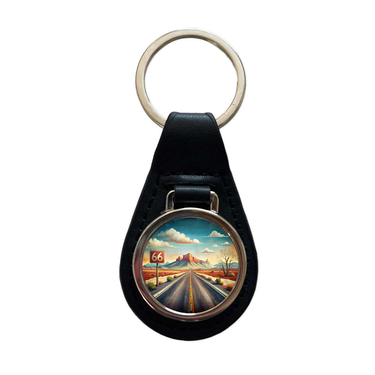 Southwest Highway Route 66 Art Black Leather Metal Keychain