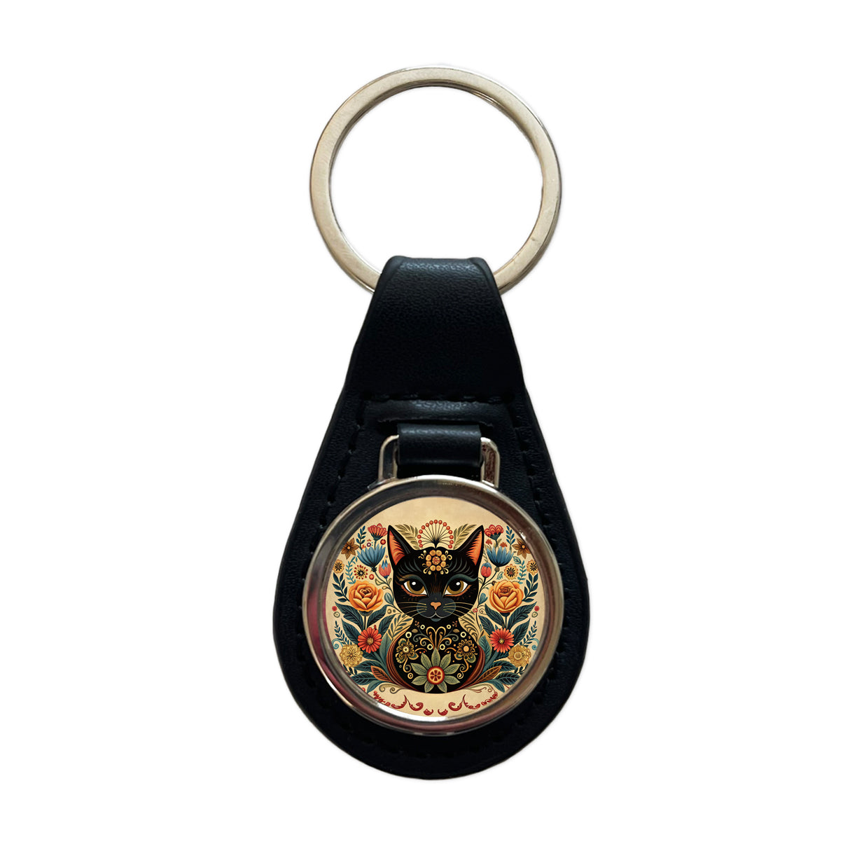 Stylized Black Cat Floral Design Black Leather Metal Keychain