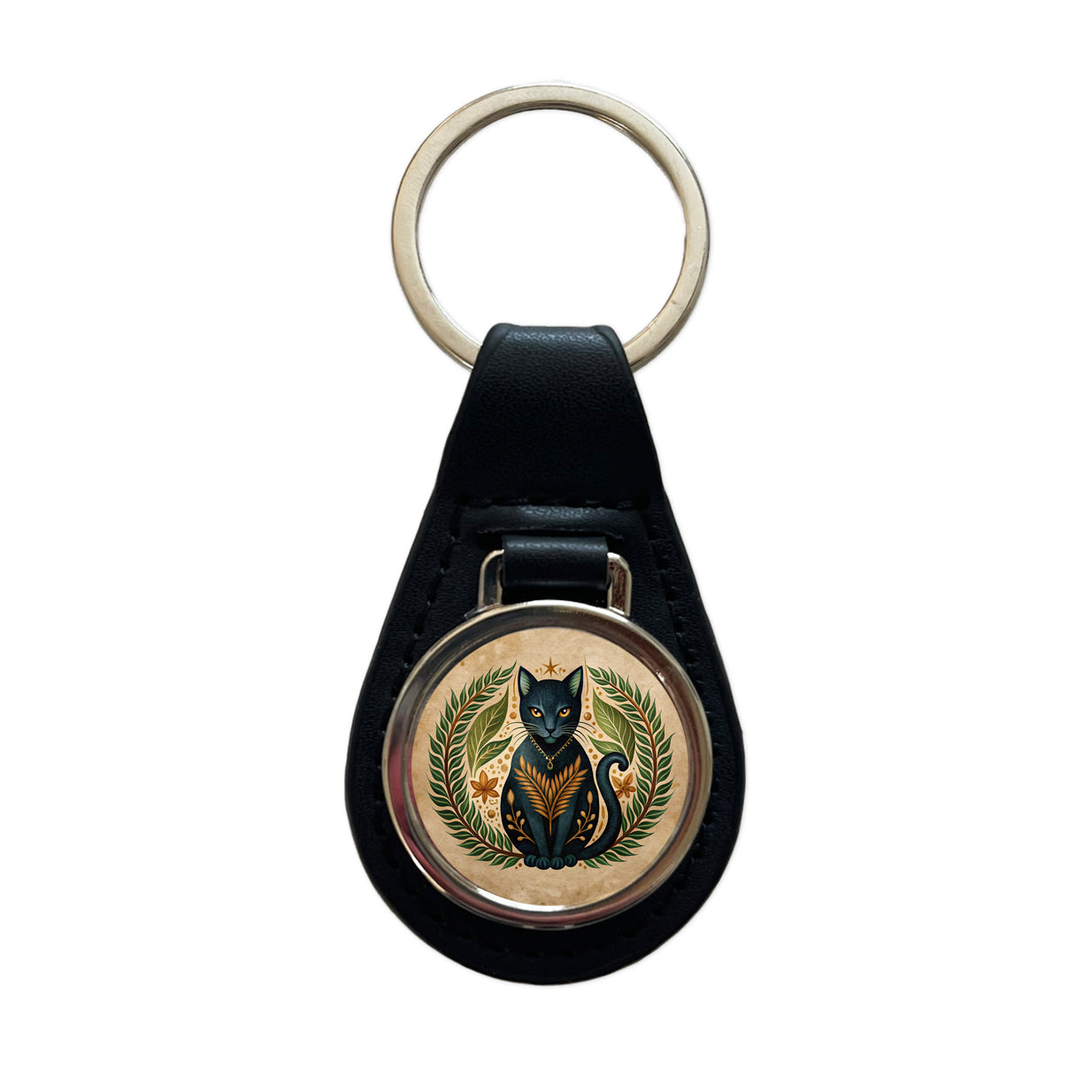 Stylized Black Cat Illustration Leaf Design Black Leather Metal Keychain