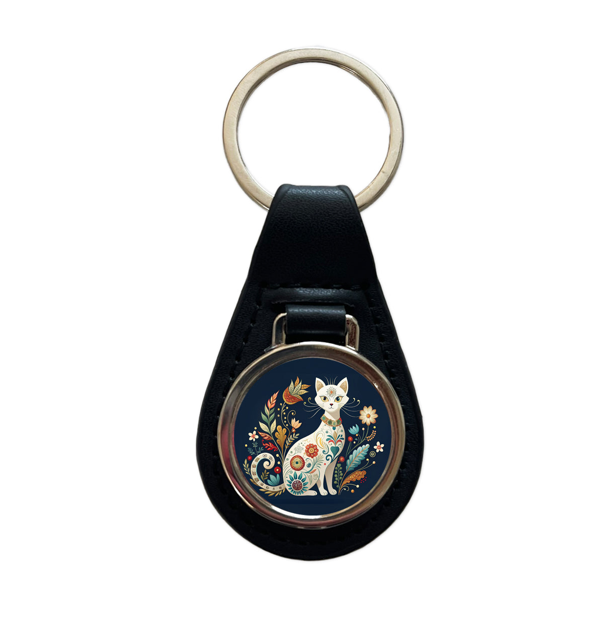 Stylized White Cat Floral Design Black Leather Metal Keychain