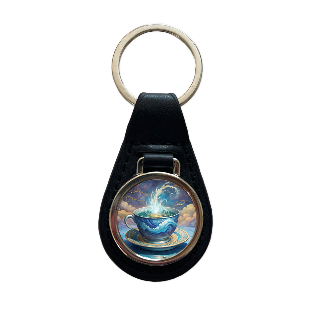 Tempest In A Teacup Black Leather Metal Keychain