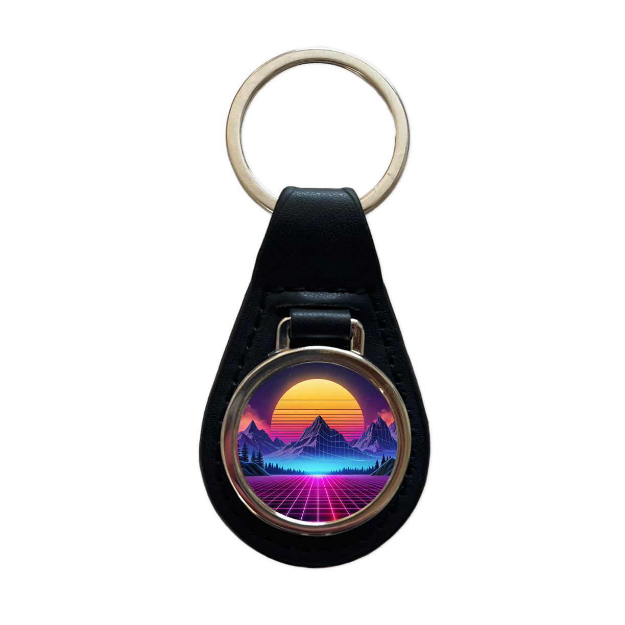Vaporwave Retro Vector Vivid Mountain Landscape Black Leather Metal Keychain