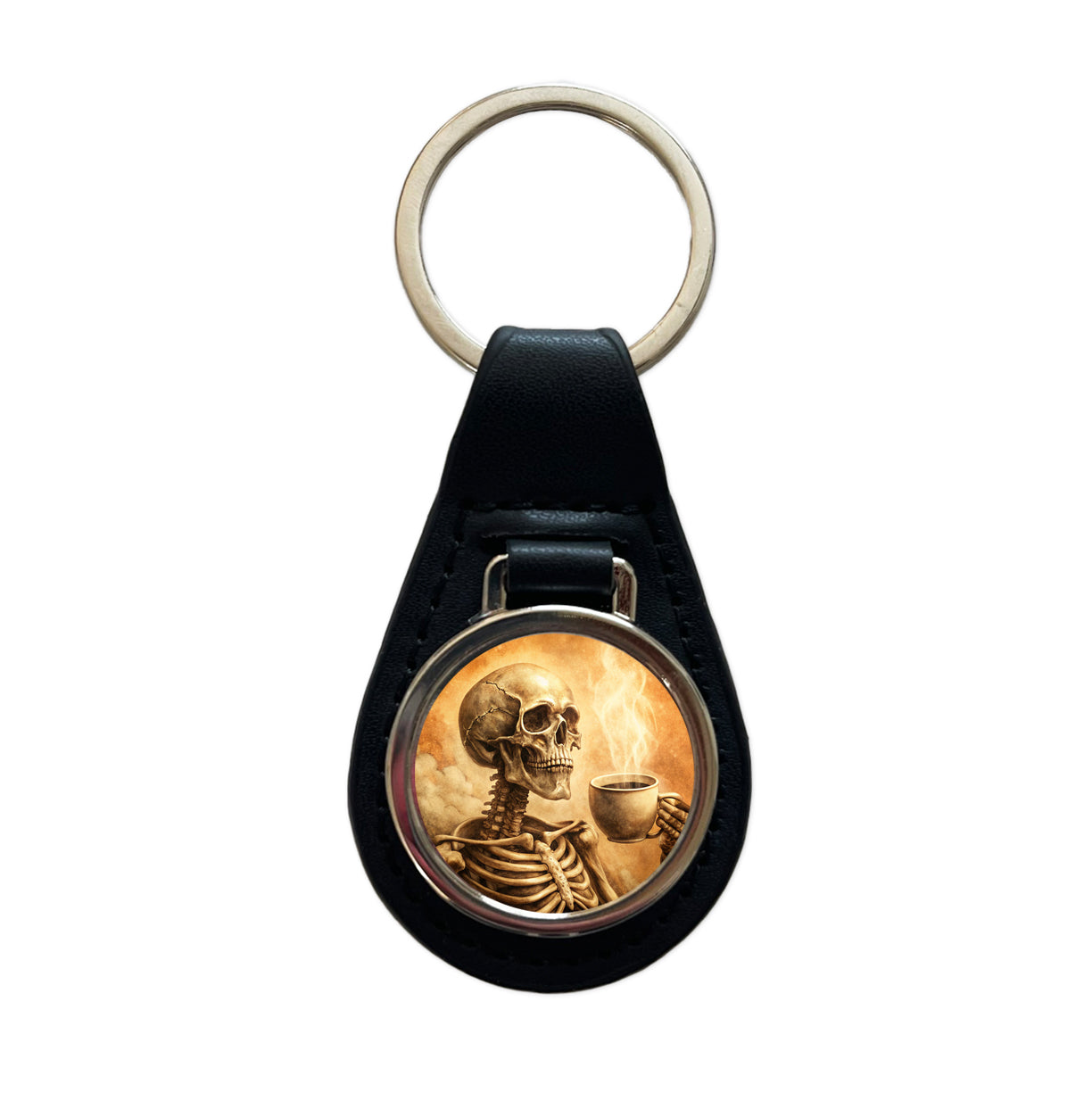 Vintage Skeleton Holding Cup Of Coffee Retro Black Leather Metal Keychain
