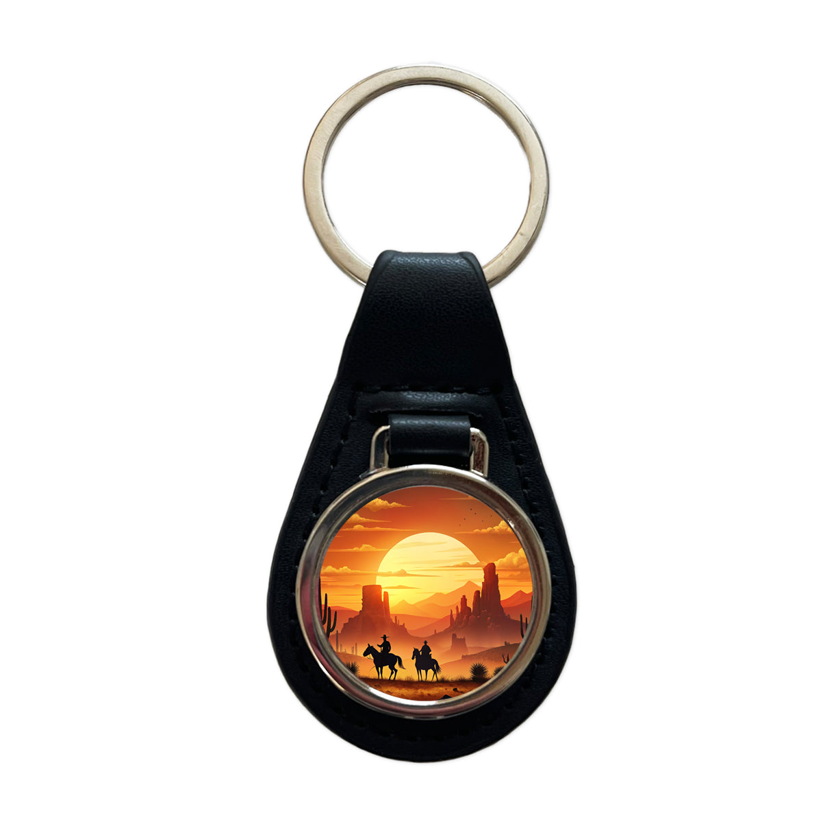 Wild West Sunset Silhouettes Southwest Landscape Black Leather Metal Keychain
