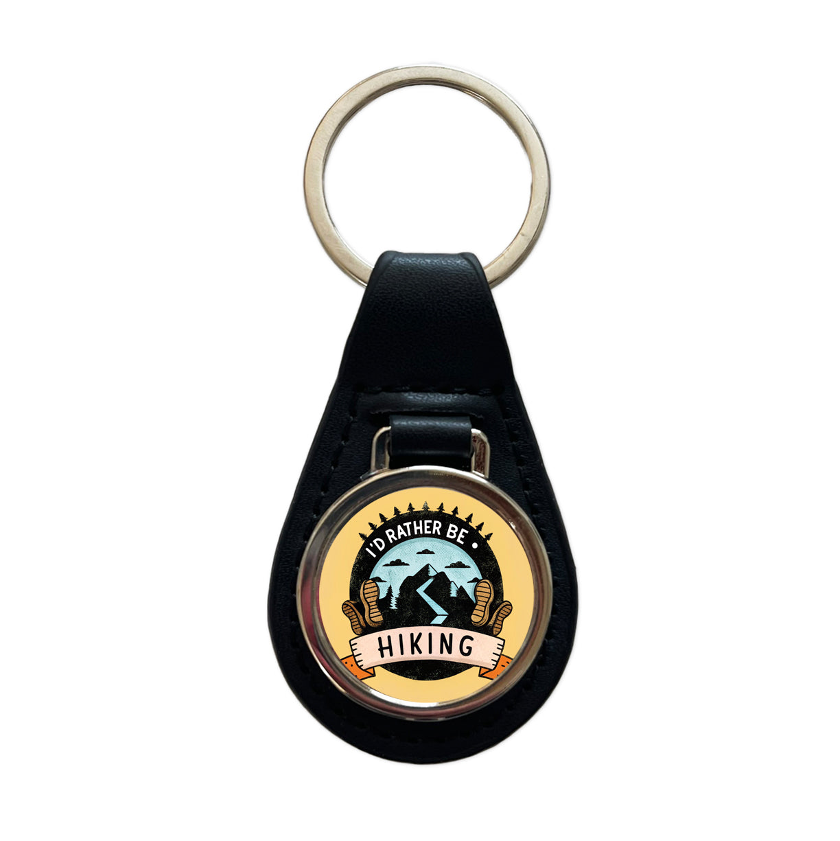 I'd Rather Be Hiking Black Leather Metal Keychain