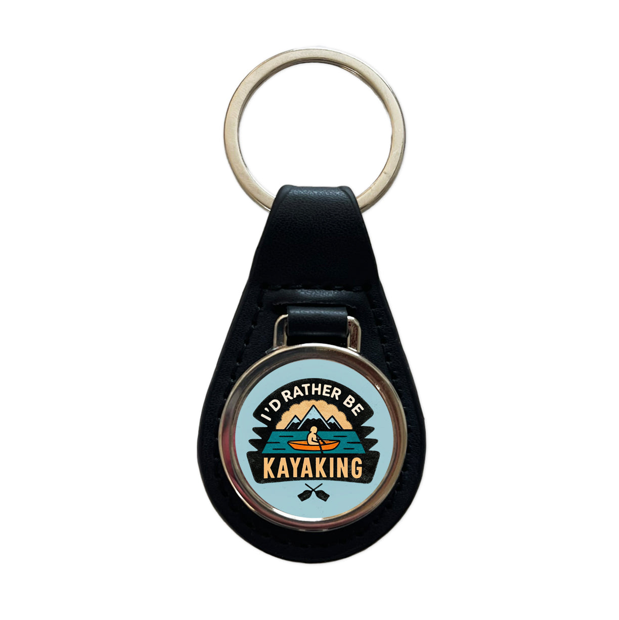 I'd Rather Be Kayaking Black Leather Metal Keychain