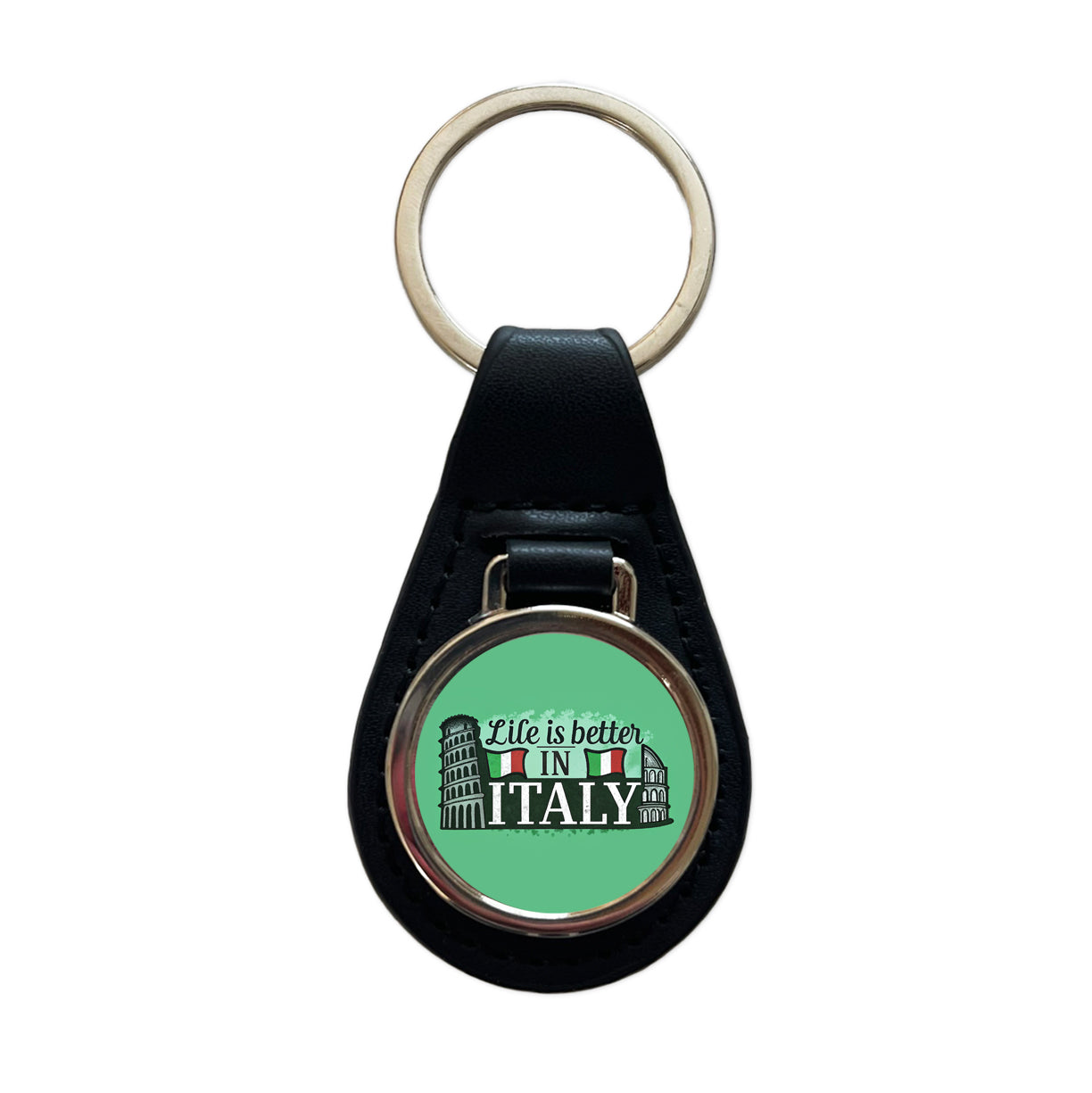 Life Is Better In Italy Black Leather Metal Keychain