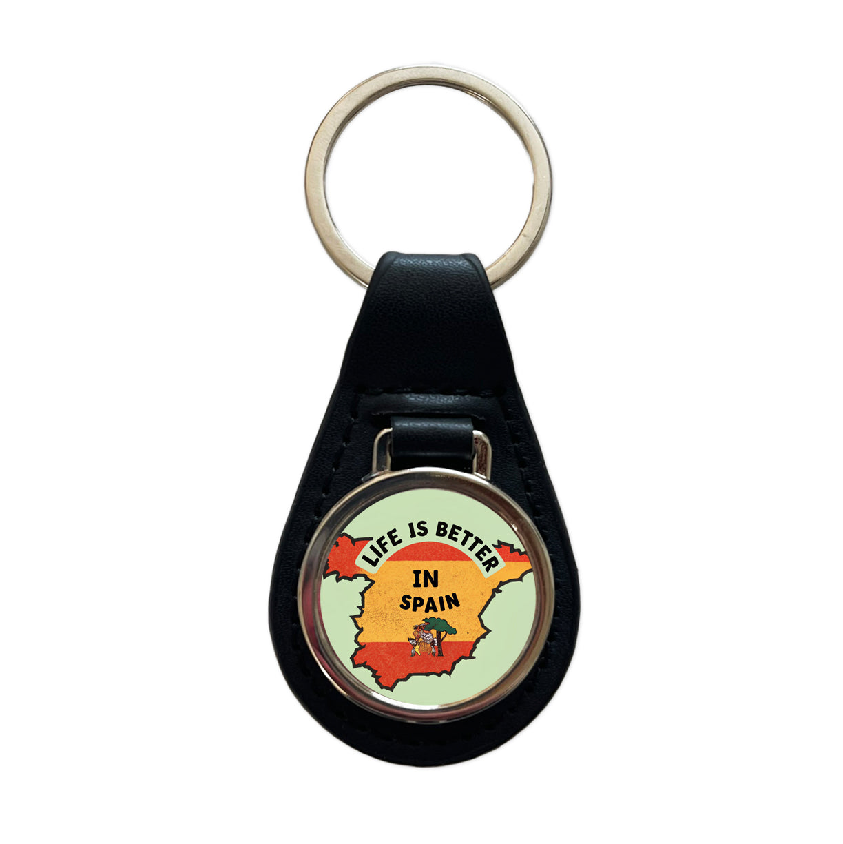 Life Is Better In Spain Black Leather Metal Keychain