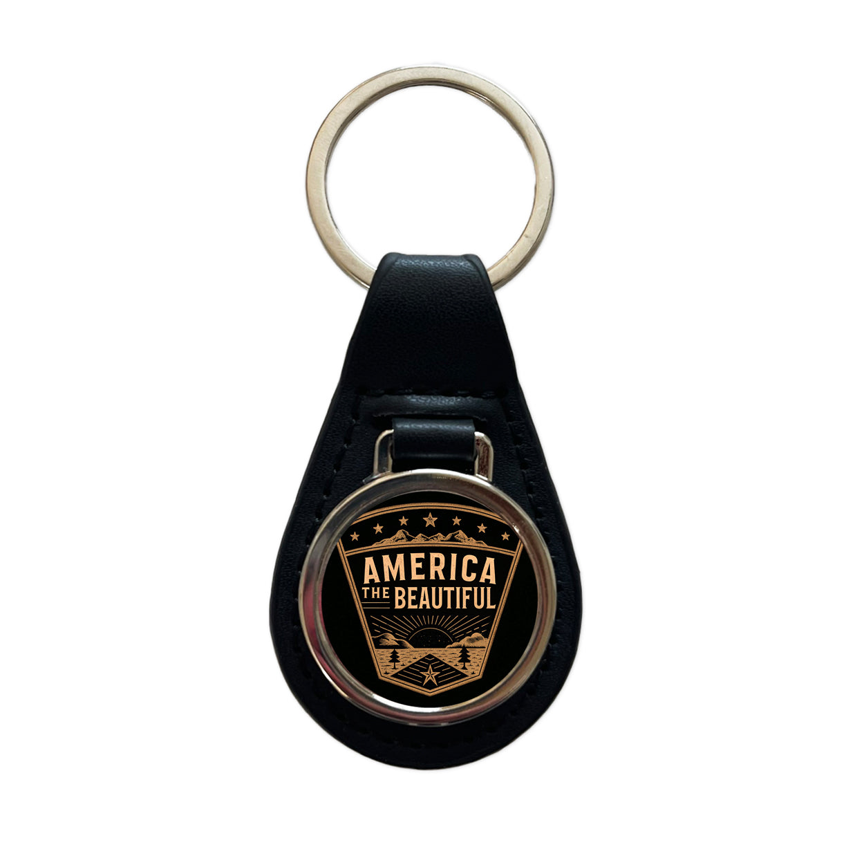 America The Beautiful United States USA Patriotic Black Tan Black Leather Metal Keychain