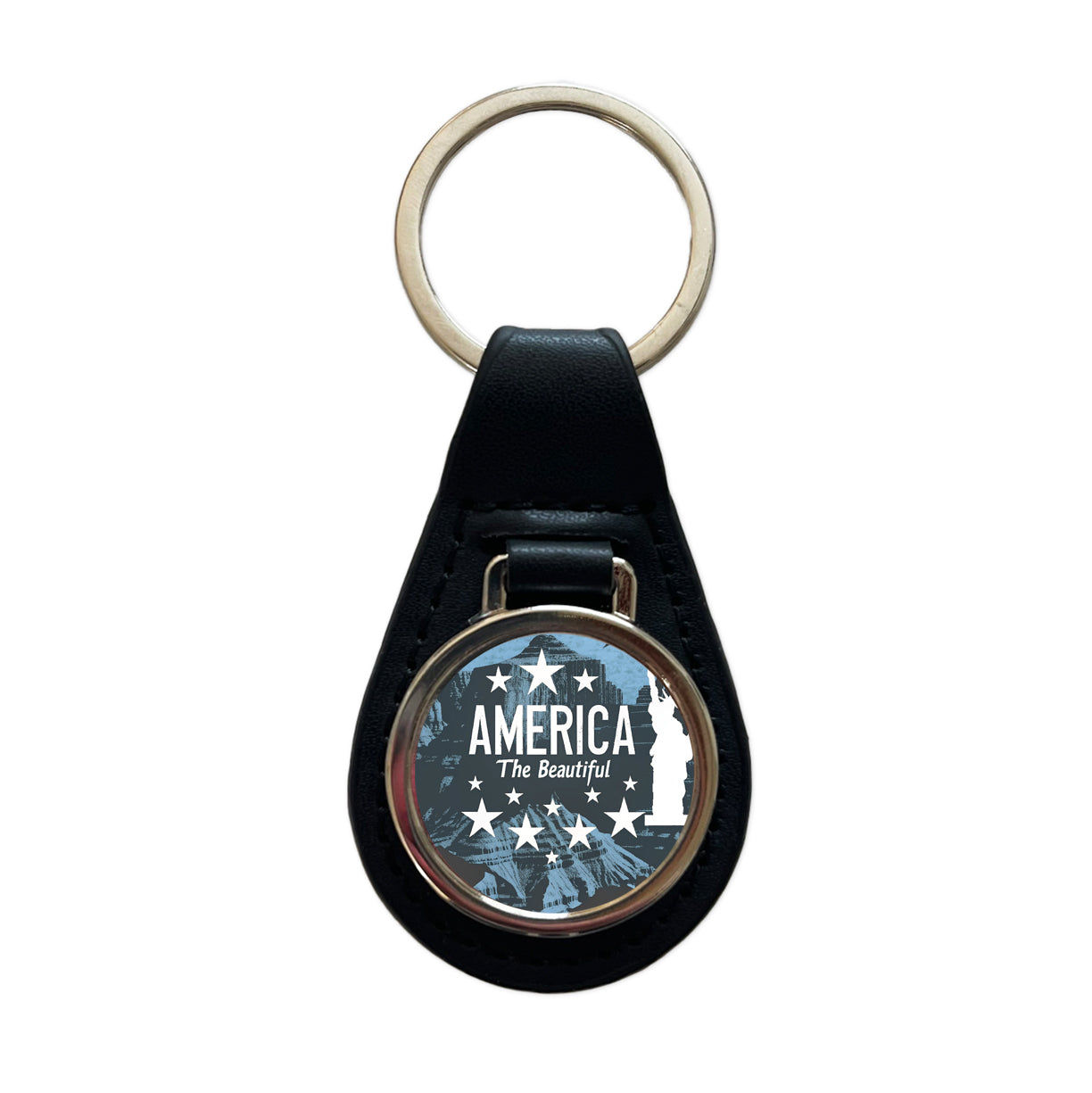 America The Beautiful United States USA Patriotic Statue of Liberty Black Leather Metal Keychain