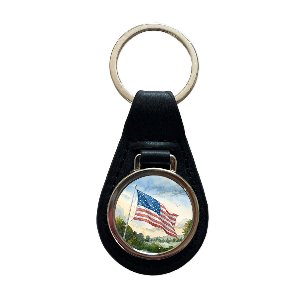 American Flag Waving Watercolor USA United States Black Leather Metal Keychain