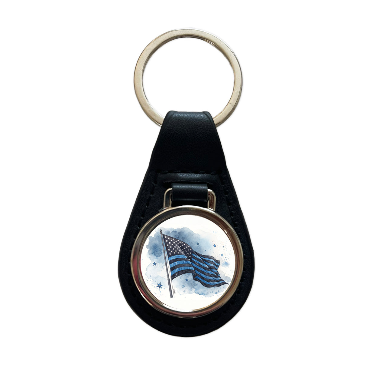 Black Blue Waving American Flag Watercolor USA United States Black Leather Metal Keychain