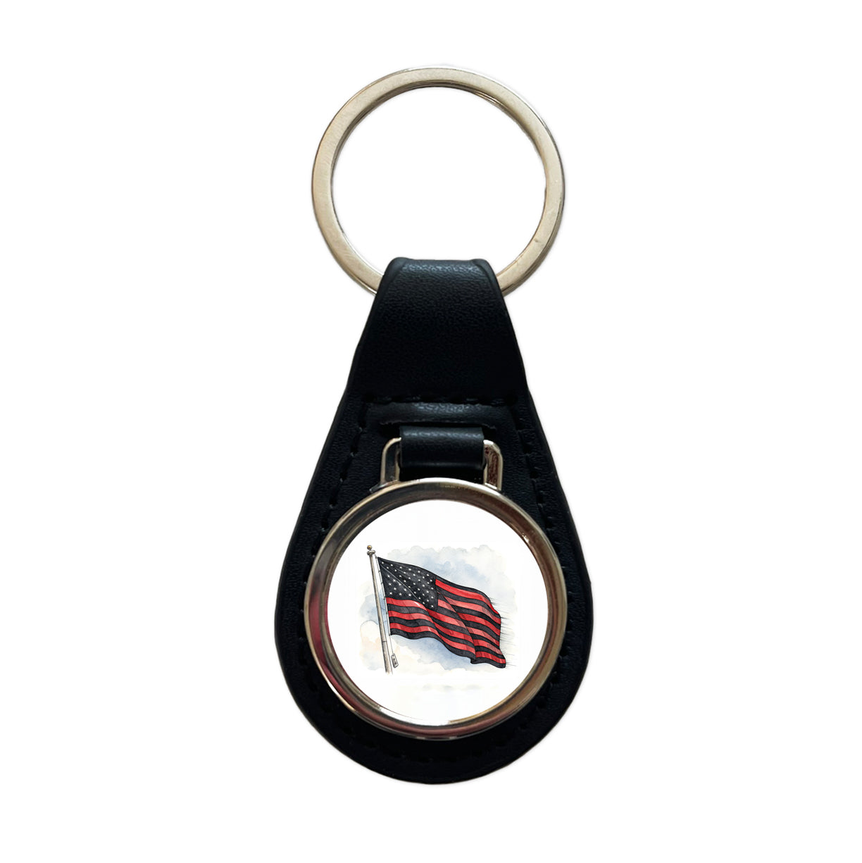 Black Red Waving American Flag Watercolor USA United States Black Leather Metal Keychain