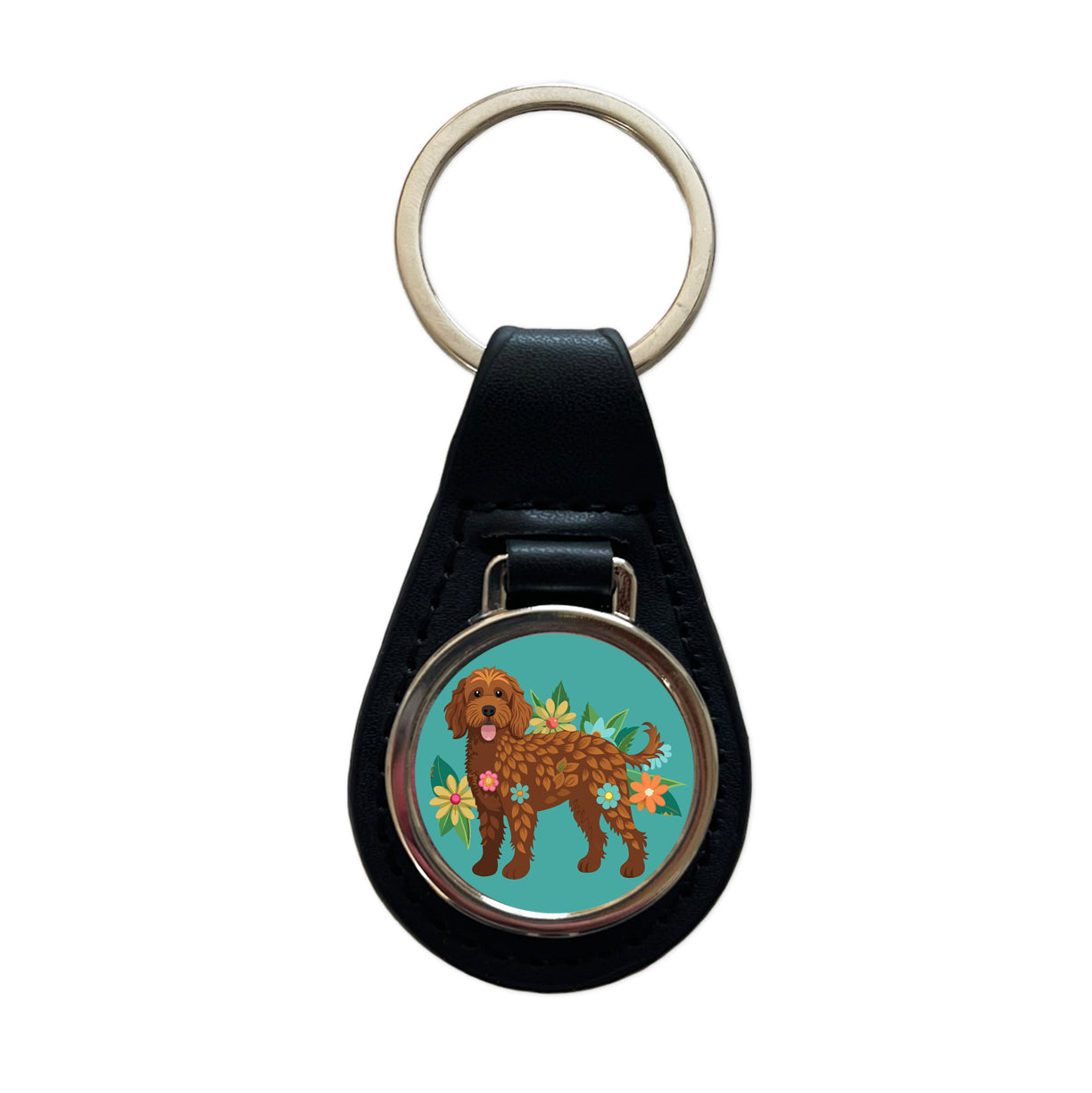 Brown Labradoodle Floral Motif Dog Black Leather Metal Keychain