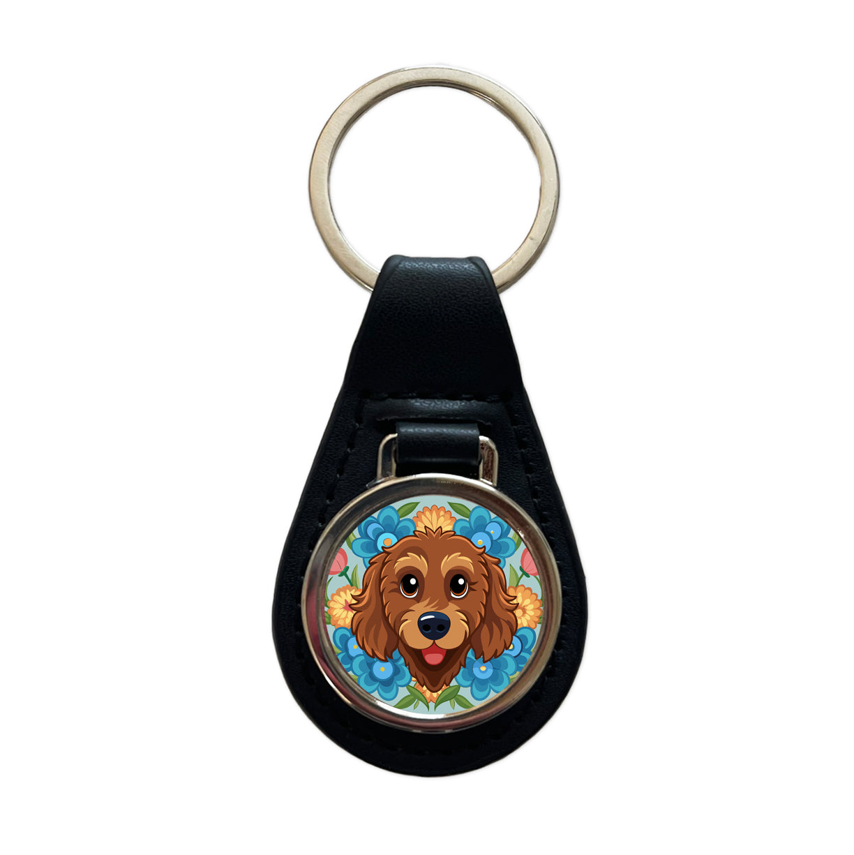 Brown Labradoodle Head Floral Motif Dog Black Leather Metal Keychain