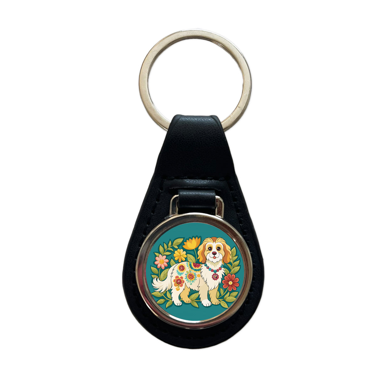 Cavachon Floral Motif Dog Cute Black Leather Metal Keychain