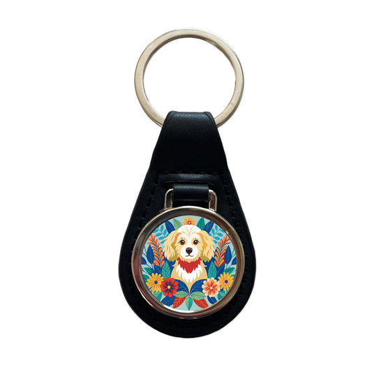 Cavapoo Floral Motif Dog Blue Black Leather Metal Keychain