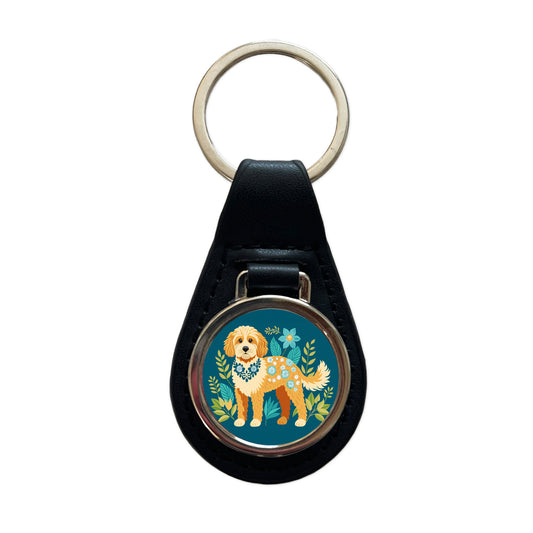 Cavapoo Floral Motif Dog Black Leather Metal Keychain