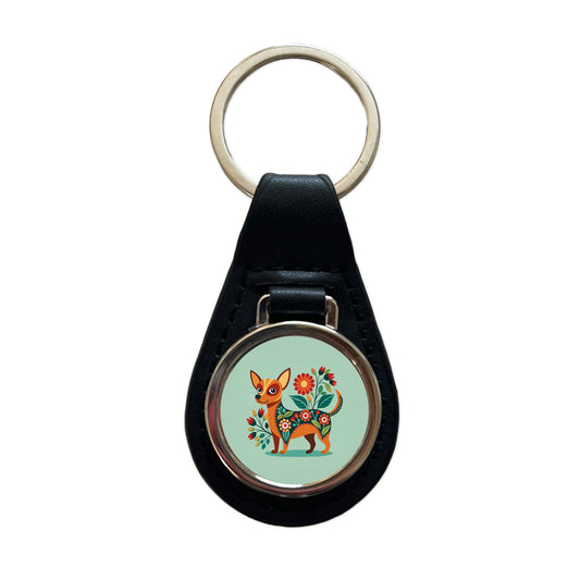 Chiweenie Floral Motif Cute Dog Black Leather Metal Keychain