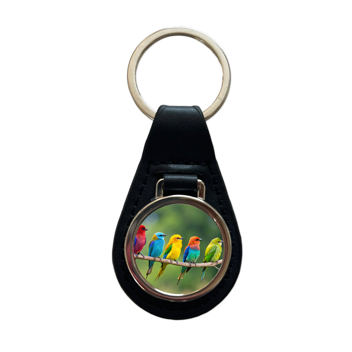 Colorful Birds In A Row Black Leather Metal Keychain
