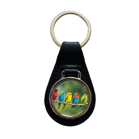 Colorful Birds In A Row Black Leather Metal Keychain