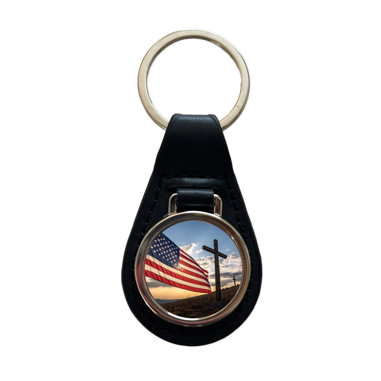 Cross Over American Flag USA United States Religious Black Leather Metal Keychain