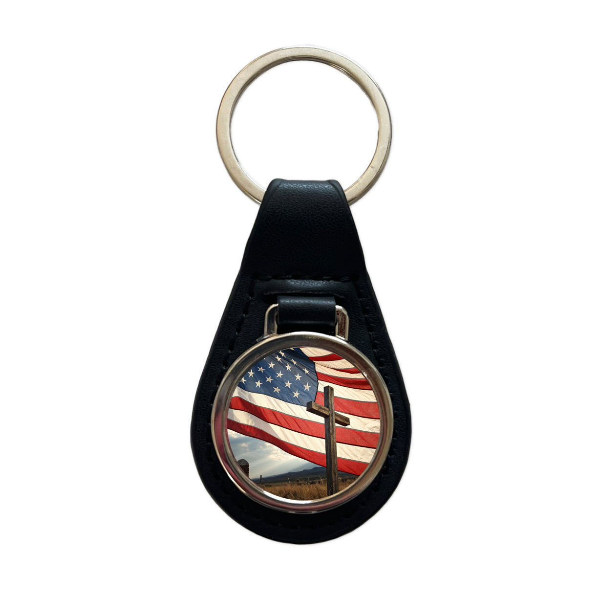 Cross Over American Flag USA United States Black Leather Metal Keychain