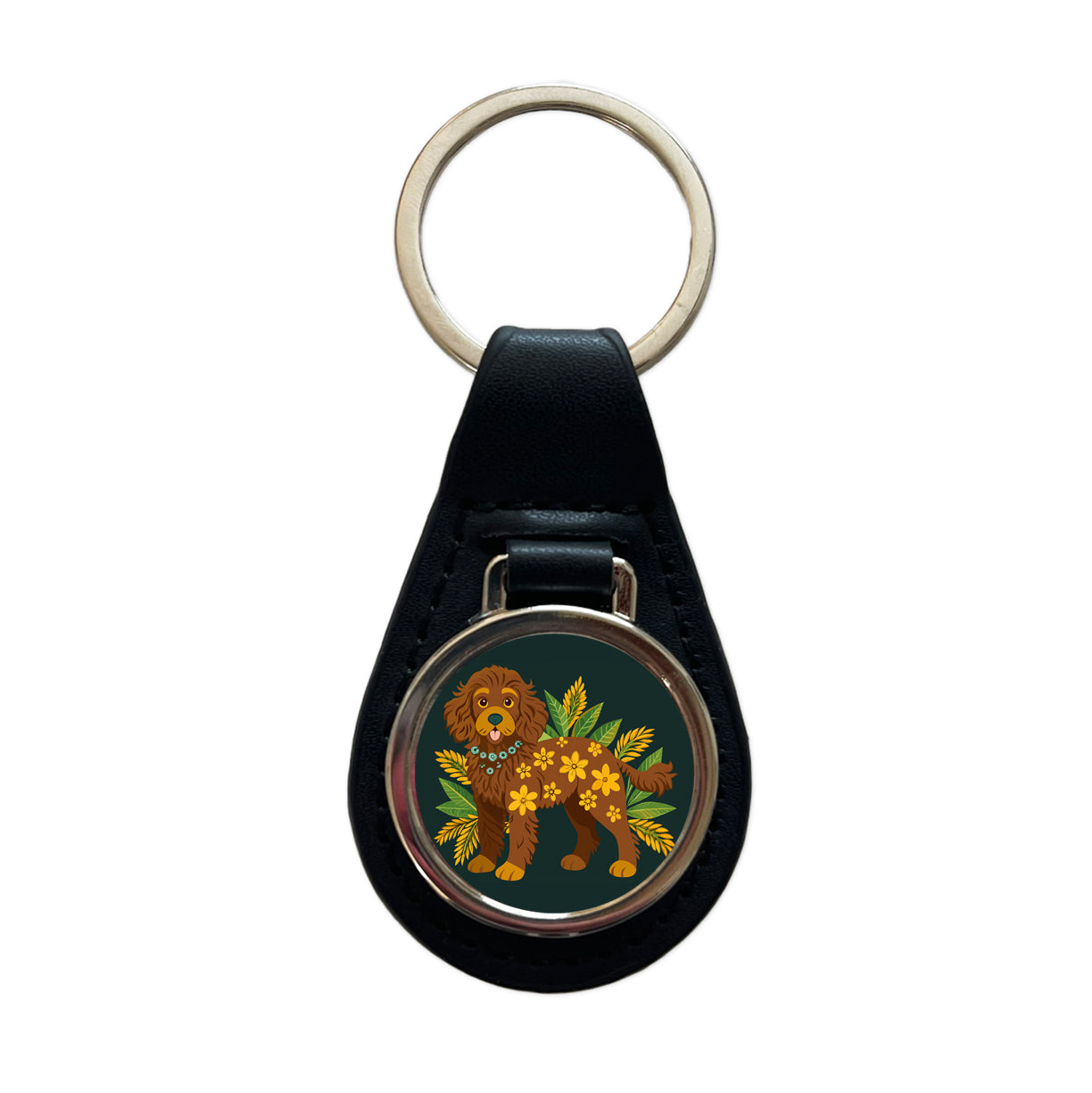 Dark Brown Golden Doodle Floral Motif Green Dog Black Leather Metal Keychain