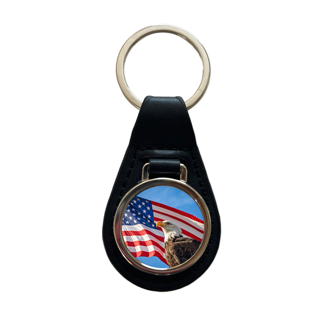 Eagle And American Flag USA United States Patriotic Black Leather Metal Keychain