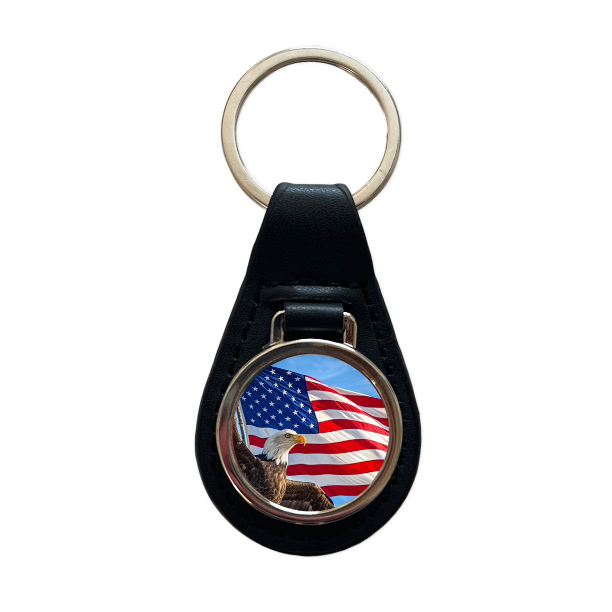 Eagle And American Flag USA United States Black Leather Metal Keychain