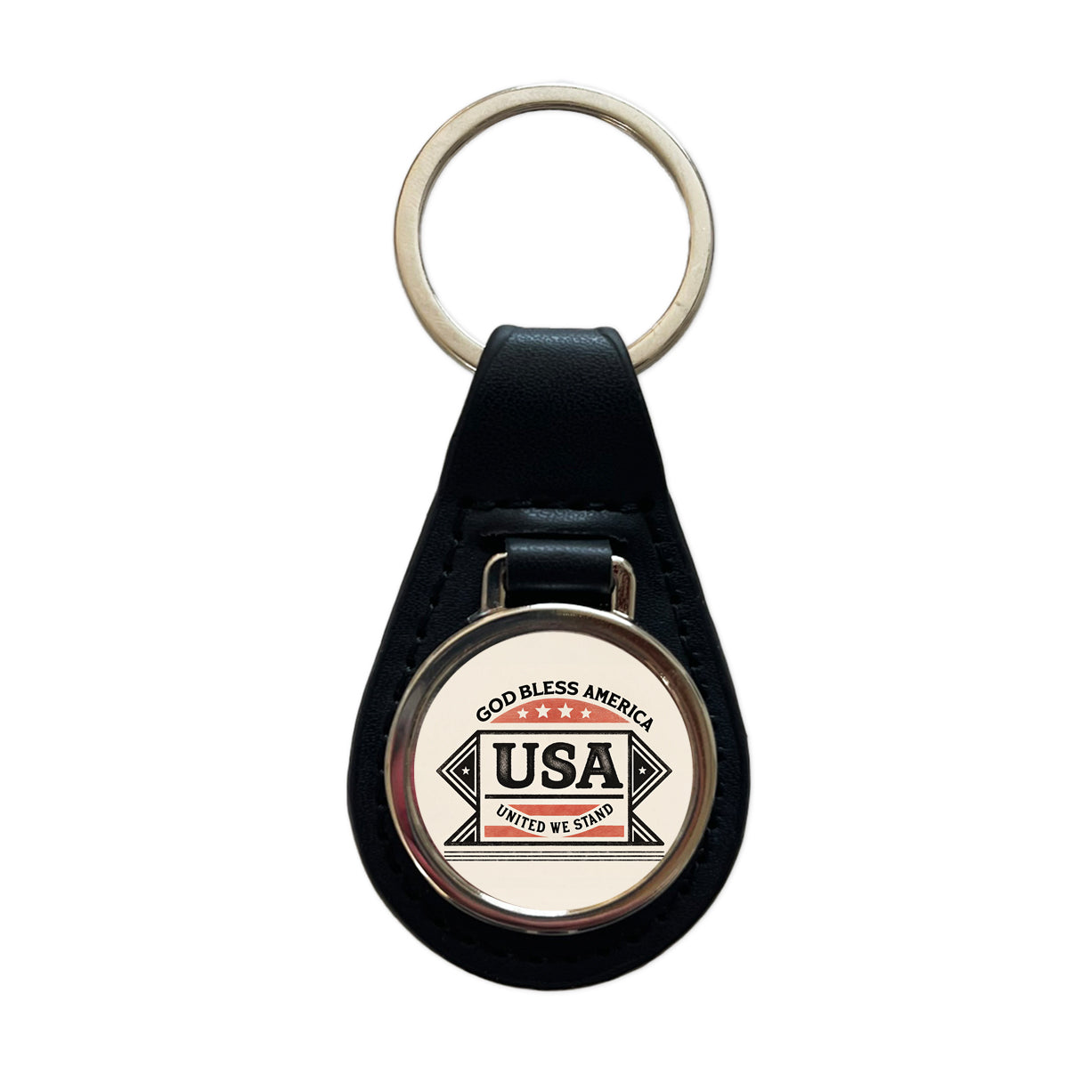 God Bless America USA United We Stand States Black Leather Metal Keychain