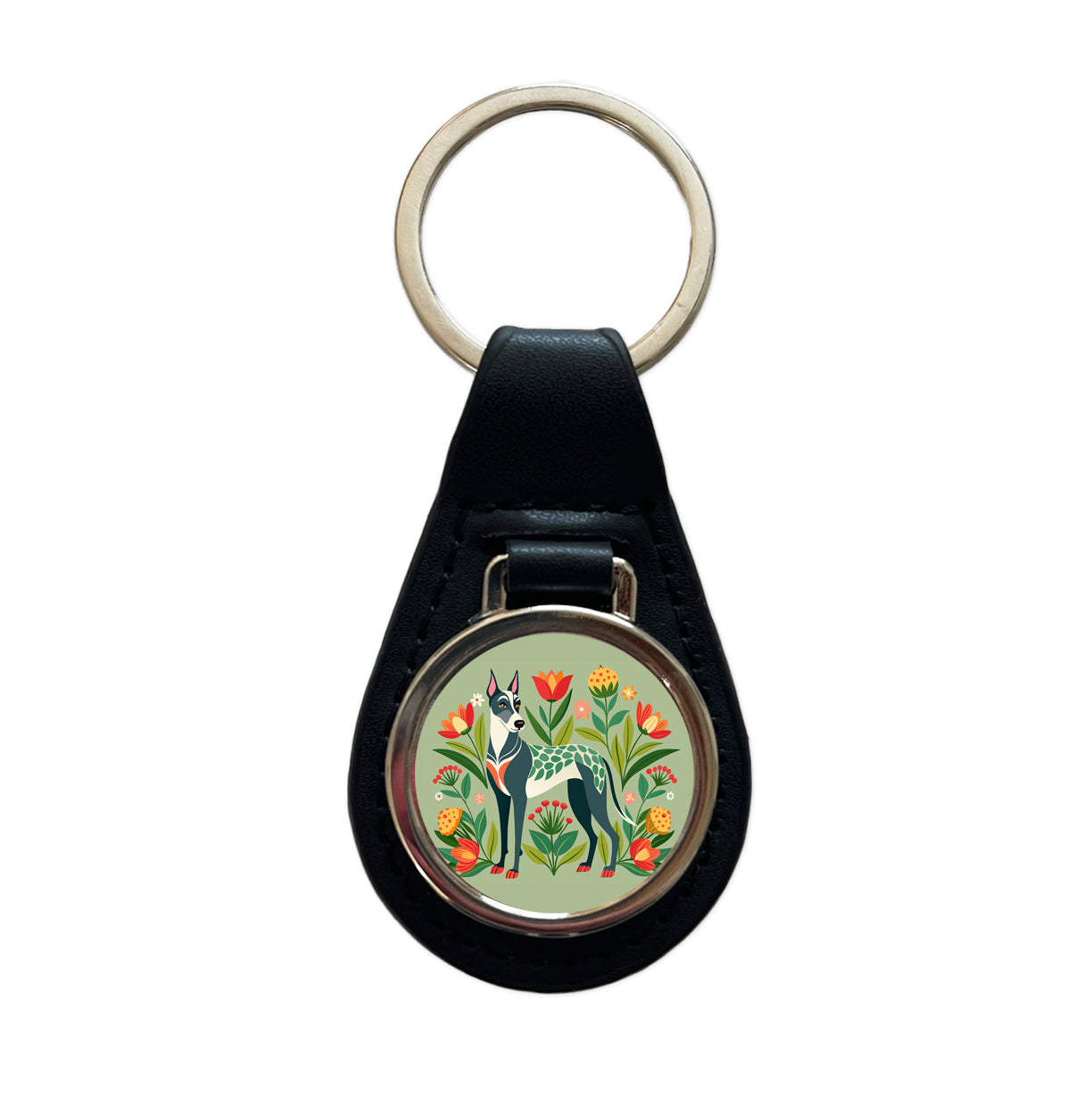 Great Dane Floral Motif Dog Standing Black Leather Metal Keychain