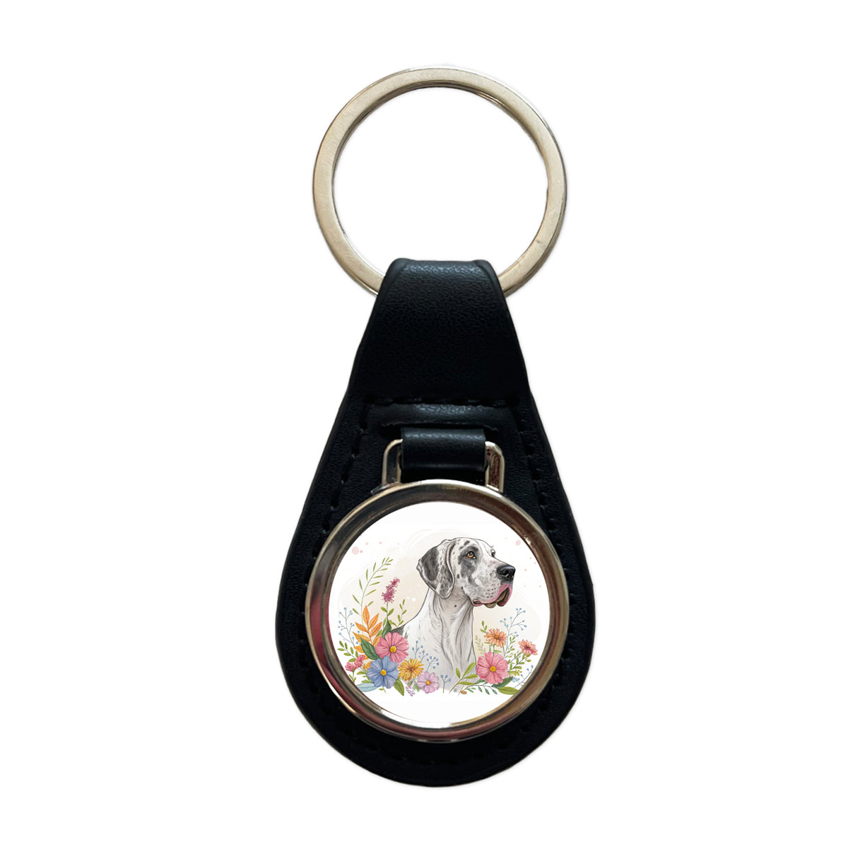 Great Dane Floral Motif Dog Light Black Leather Metal Keychain