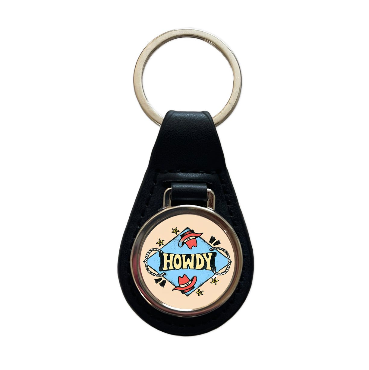 Howdy Country Cowboy Cowgirl Black Leather Metal Keychain