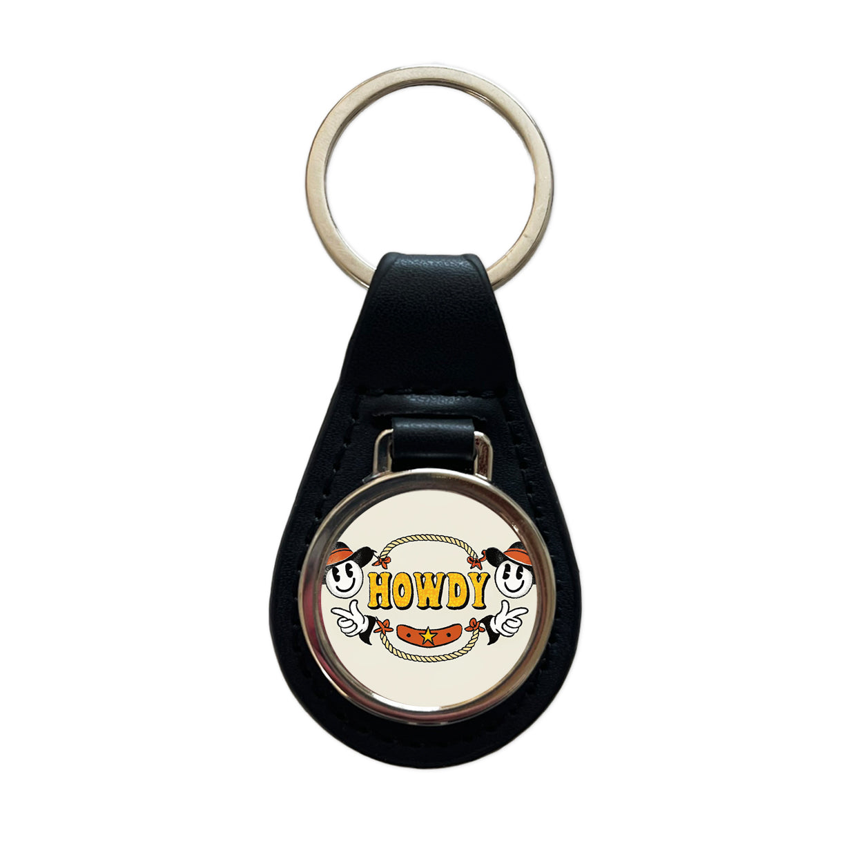 Howdy Funny Country Cowboy Cowgirl Black Leather Metal Keychain