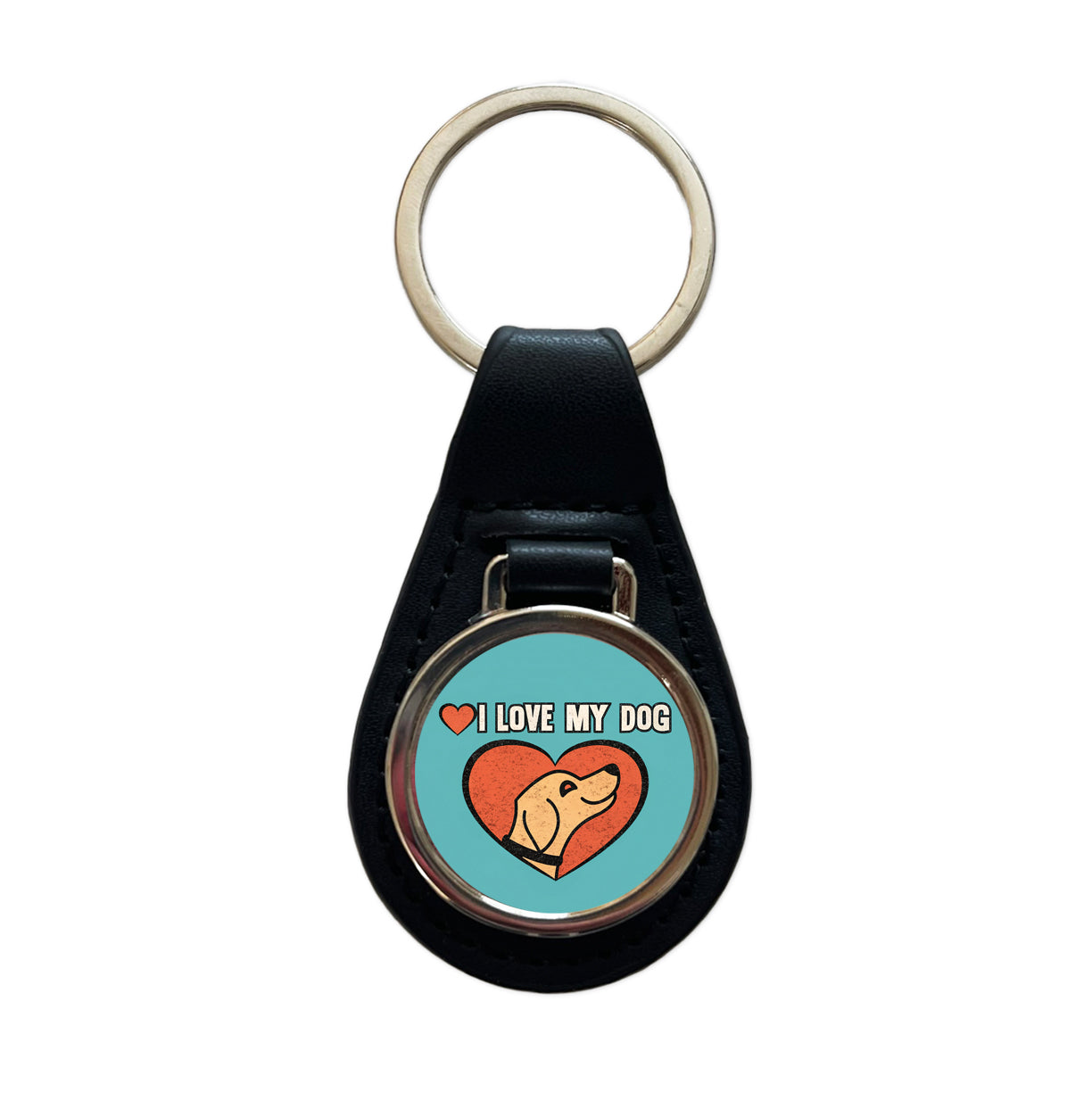 I Love My Dog Blue Black Leather Metal Keychain
