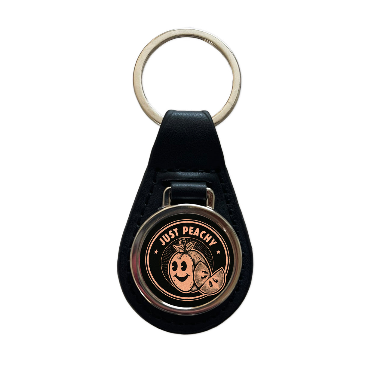 Just Peachy Black Background Black Leather Metal Keychain