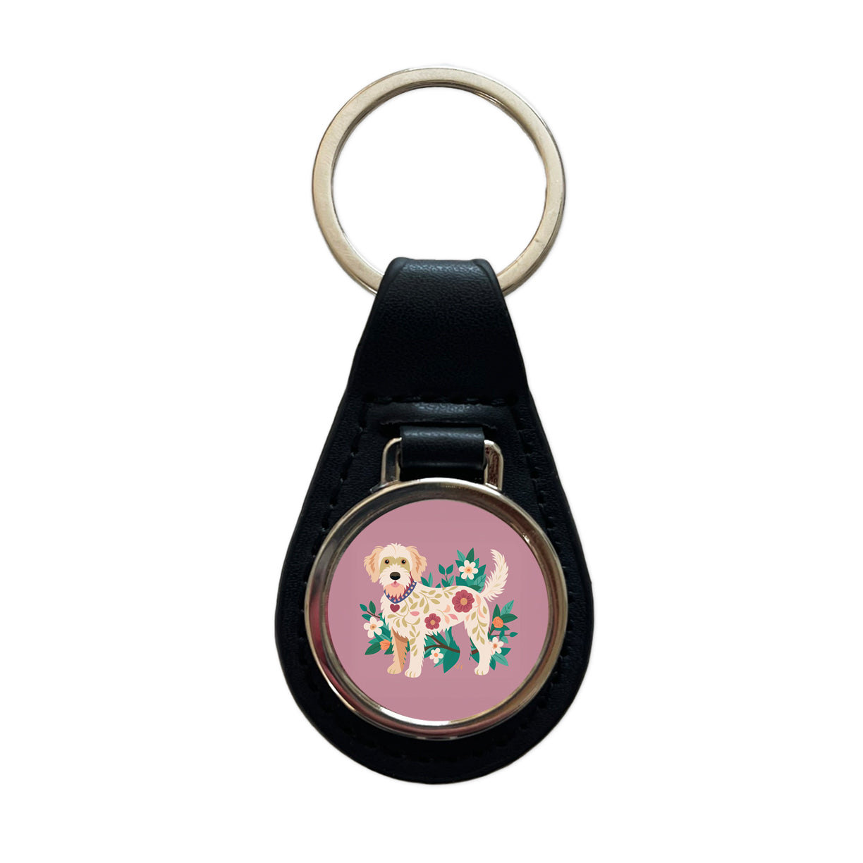Labradoodle Floral Motif Standing Dog Black Leather Metal Keychain