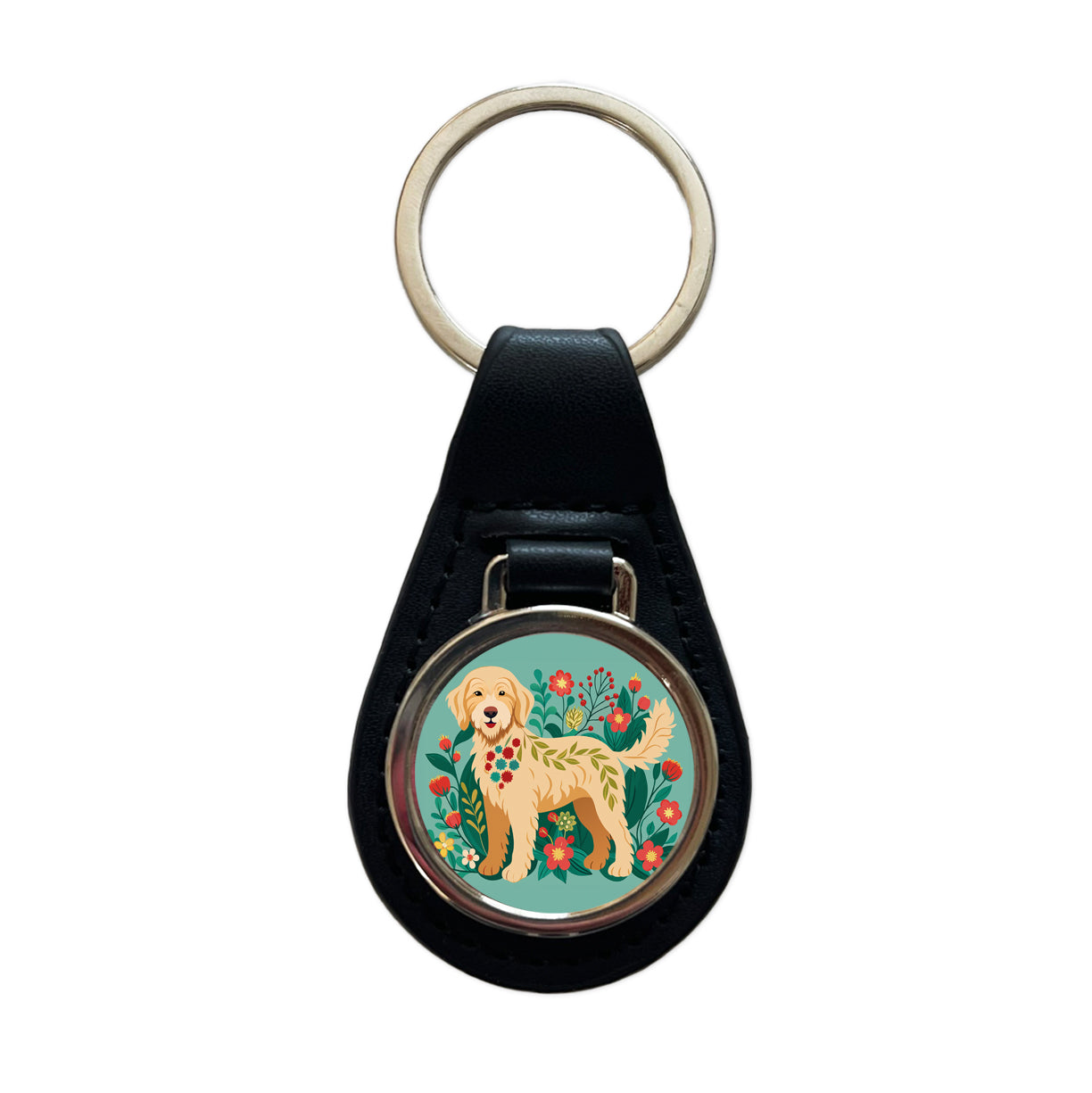 Labradoodle Floral Motif Tan Dog Black Leather Metal Keychain