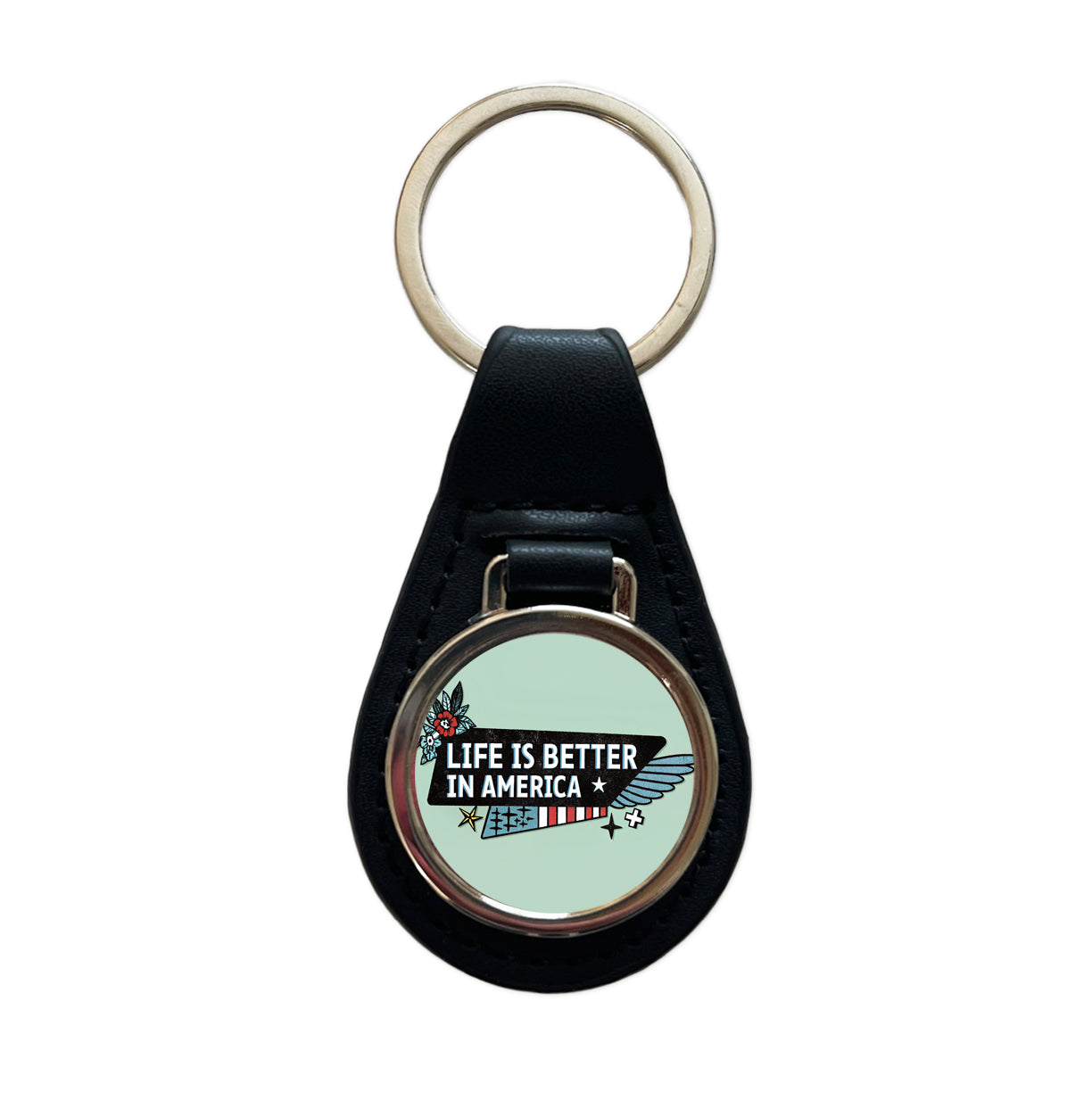 Life Is Better In America USA United States Black Leather Metal Keychain
