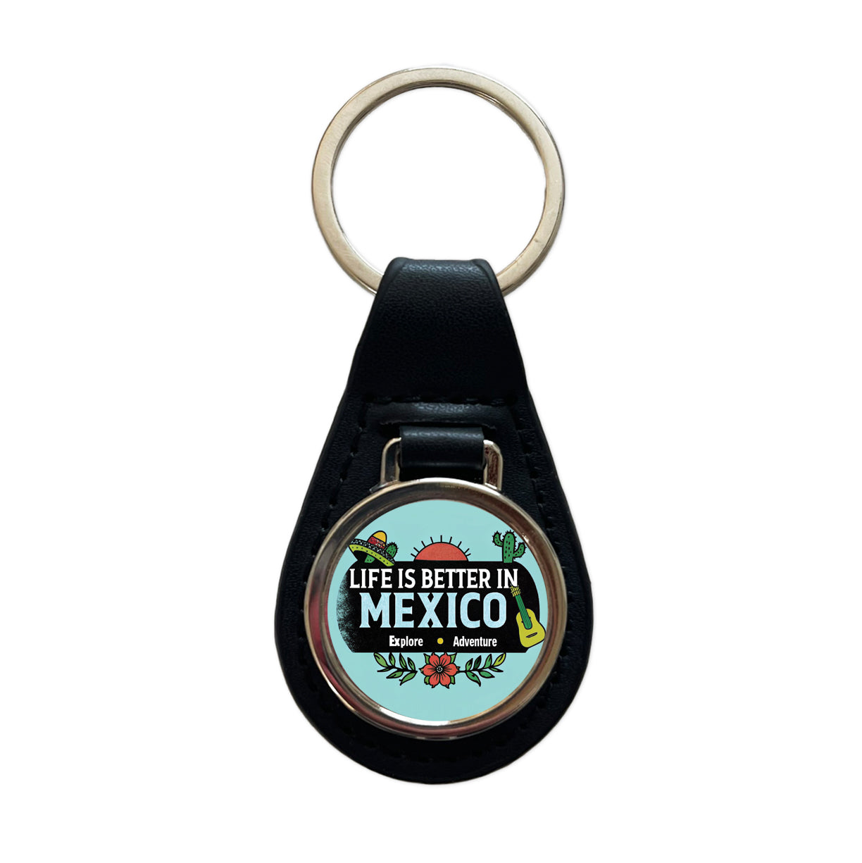 Life Is Better In Mexico Black Leather Metal Keychain