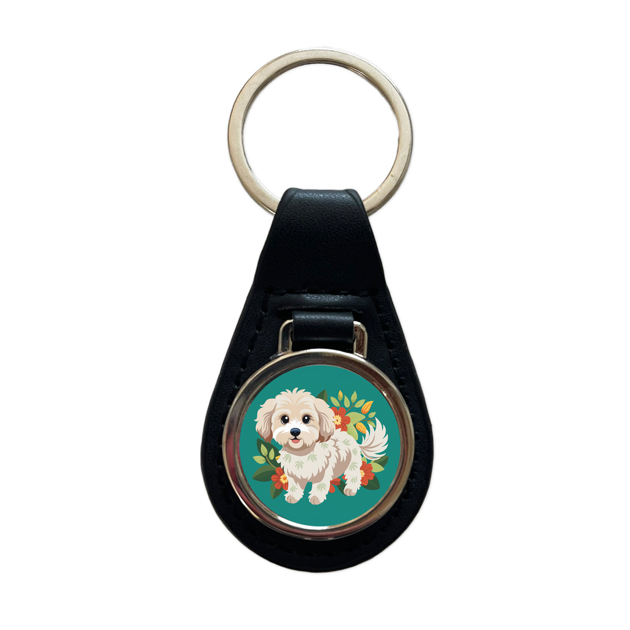 Maltipoo Floral Motif Dog Standing Black Leather Metal Keychain