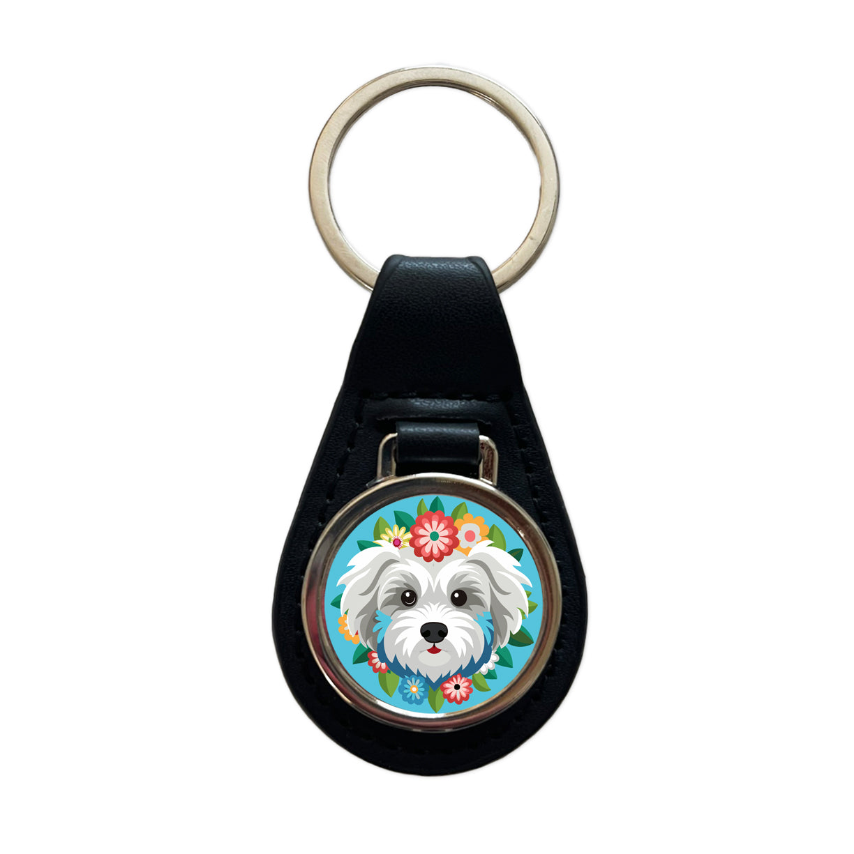 Maltipoo Head Floral Motif Blue Dog Black Leather Metal Keychain