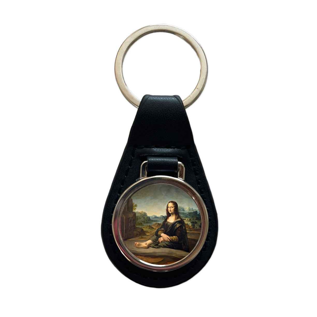 Mona Lisa With Foot Funny Black Leather Metal Keychain