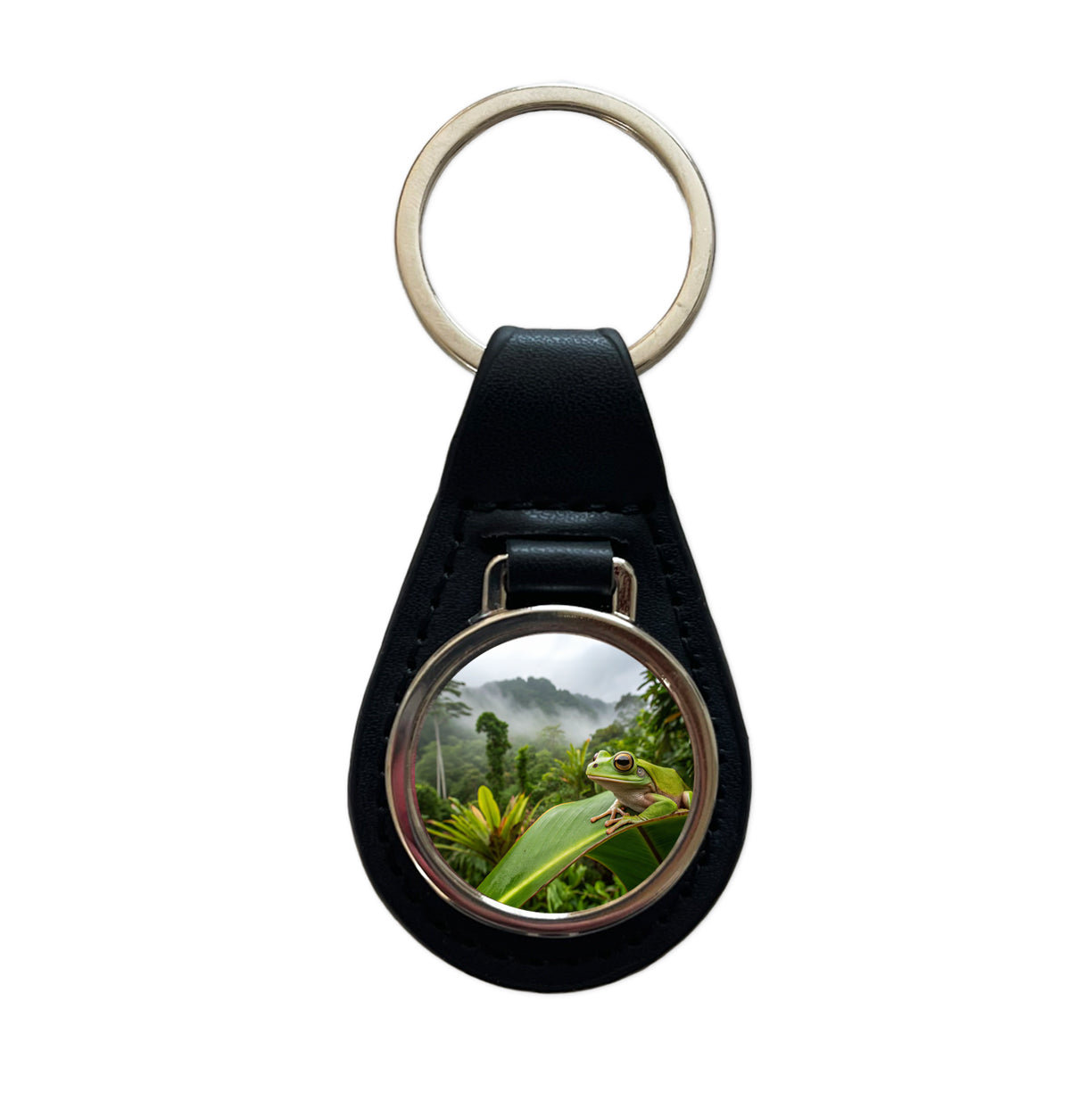 Puerto Rico Frog On Leaf Black Leather Metal Keychain