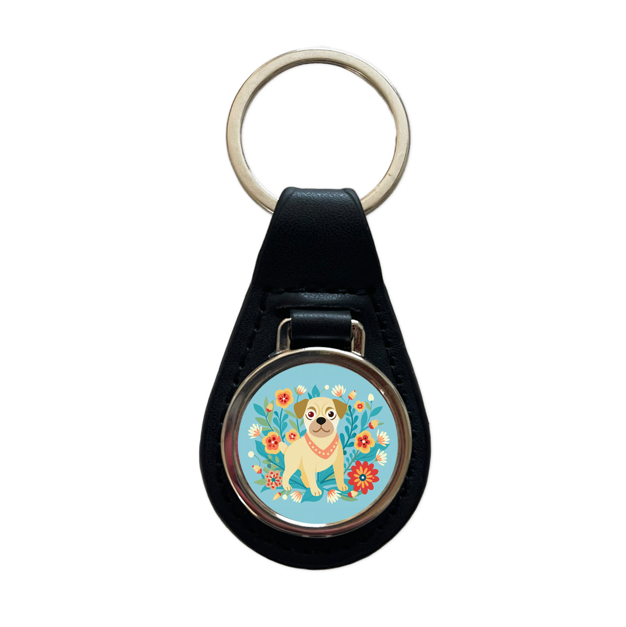 Puggle Floral Motif Blue Dog Black Leather Metal Keychain