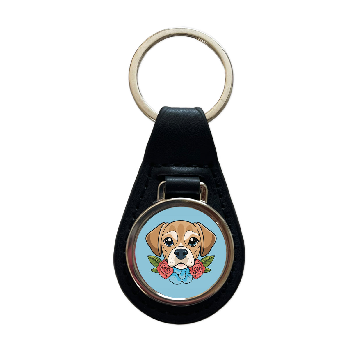 Puggle Head Floral Motif Blue Dog Black Leather Metal Keychain
